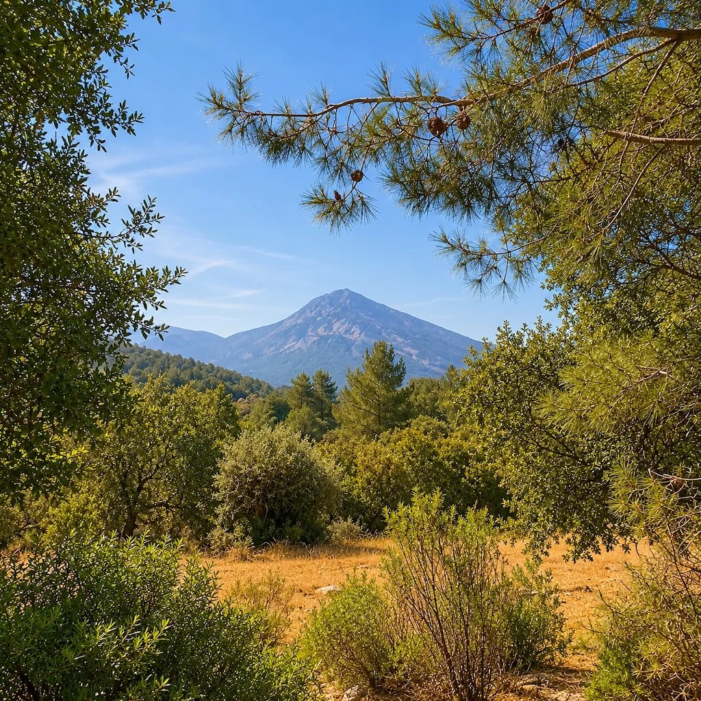 Mediterranean mountain framed by pine trees